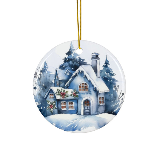 Blue Cottage Ceramic Ornaments - 2-Sided Print - Perfect Holiday Decorations