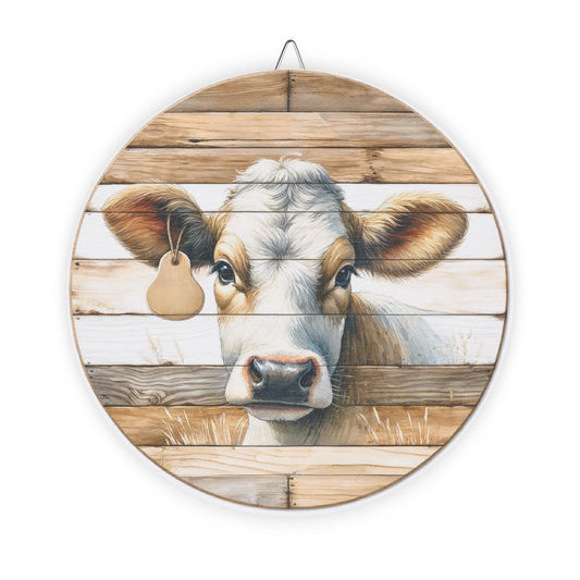 Rustic Cow Round Wood Sign — Farmhouse Wall Decor