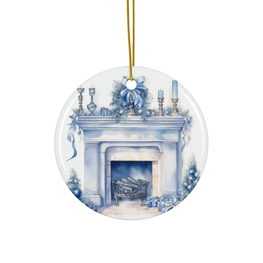 Blue Winter Fireplace Design Ceramic Christmas Ornaments - , 2-Sided Print, Perfect Holiday Decor