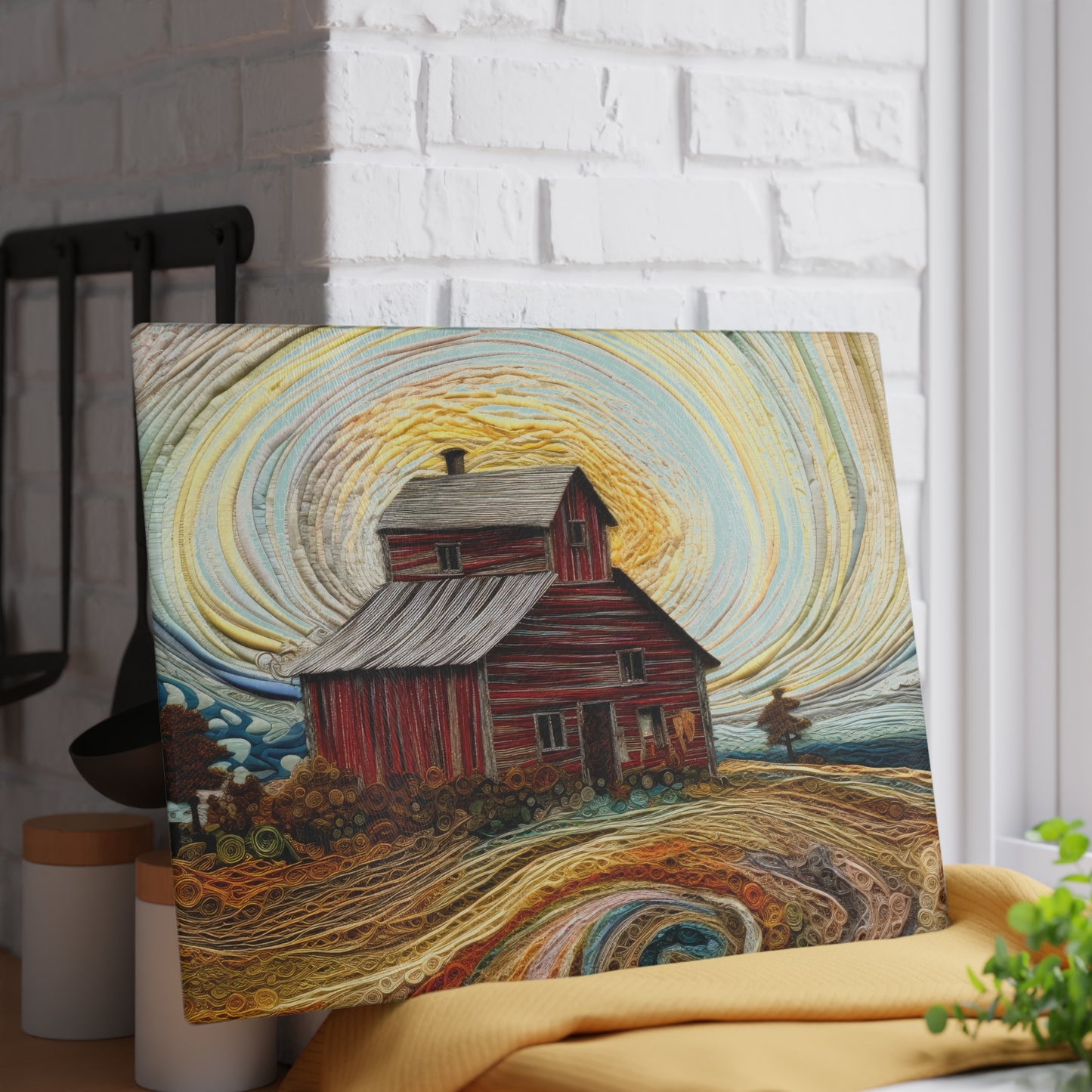 Barn Landscape Glass Cutting Board — Rustic Farmhouse Kitchen Art