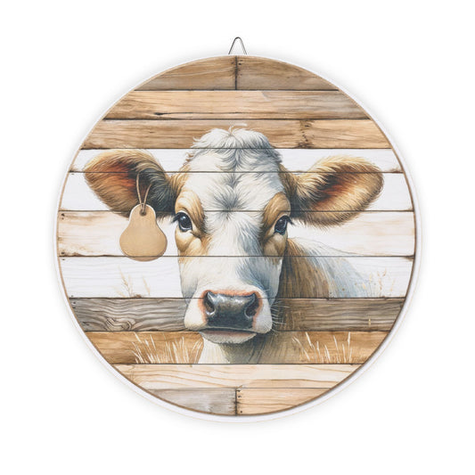 Rustic Cow Round Wood Sign — Farmhouse Wall Decor
