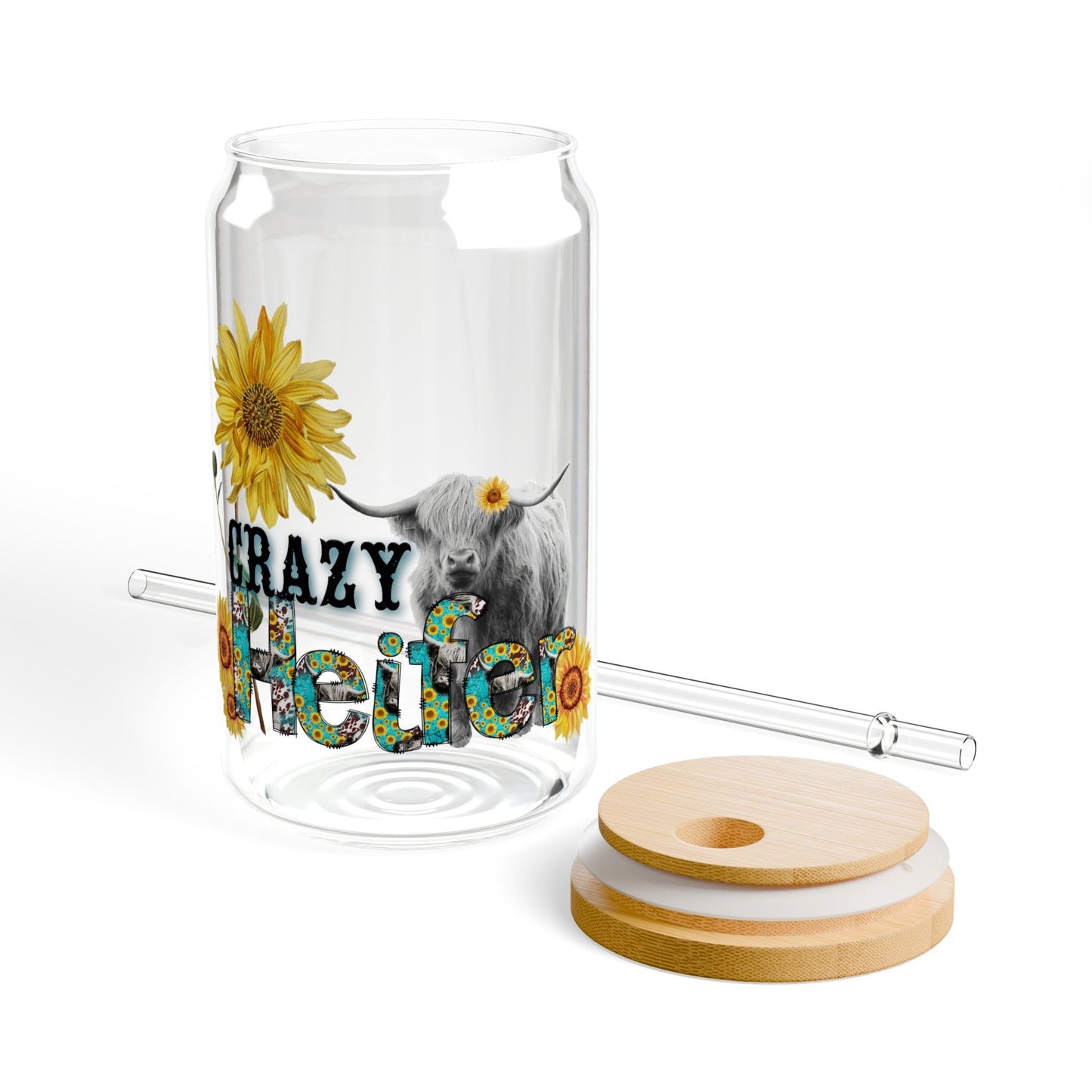 "Crazy Healer" Sunflower Cow 16oz Reusable Tumbler Sipper Glass
