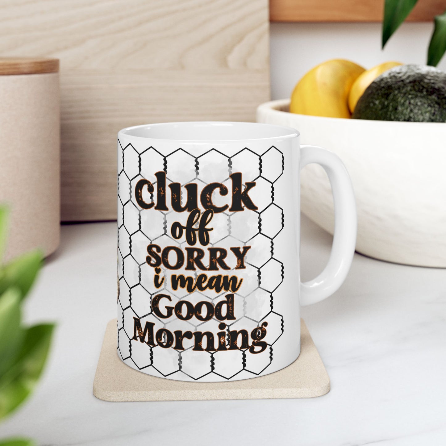 Rooster & Chicks Farmhouse Mug — "Cluck off, I'm on my coffee morning" Ceramic Coffee Cup (11oz, 15oz)