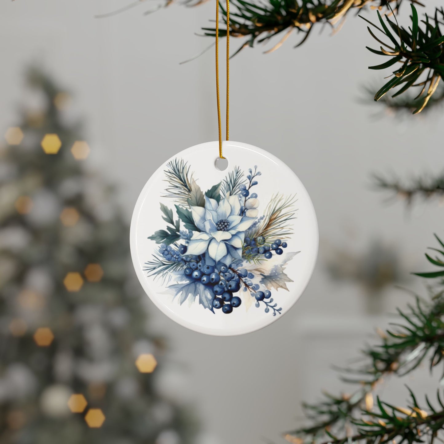 Blue Poinsettia Ceramic Christmas Ornaments