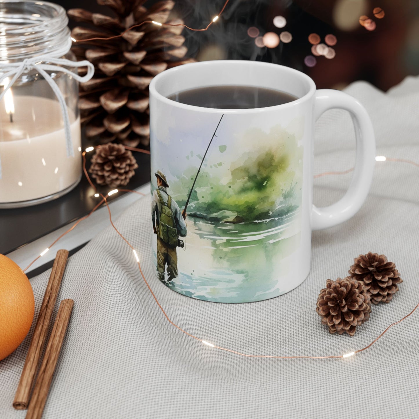 Fly Fishing Scenic Ceramic Mug — Angler River Landscape Coffee Cup (11oz, 15oz)