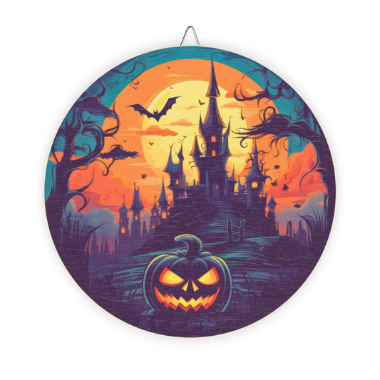 Halloween Haunted Castle Wood Sign — Spooky Pumpkin Wall Decor