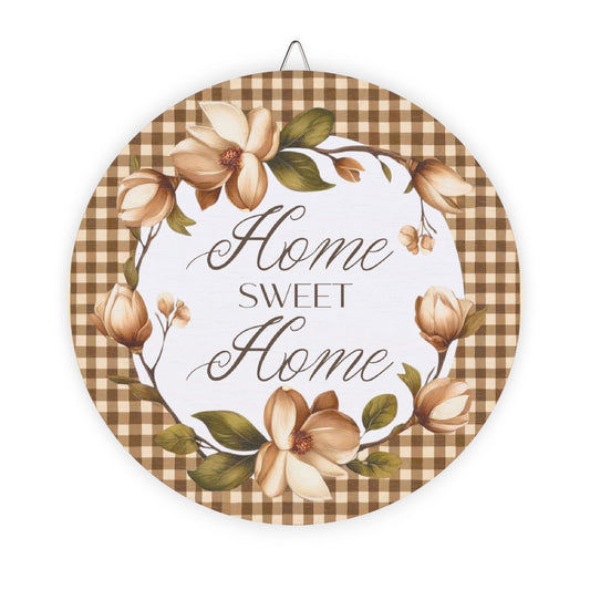 Wood Sign - "Home Sweet Home" Floral Gingham Round Wall Decor