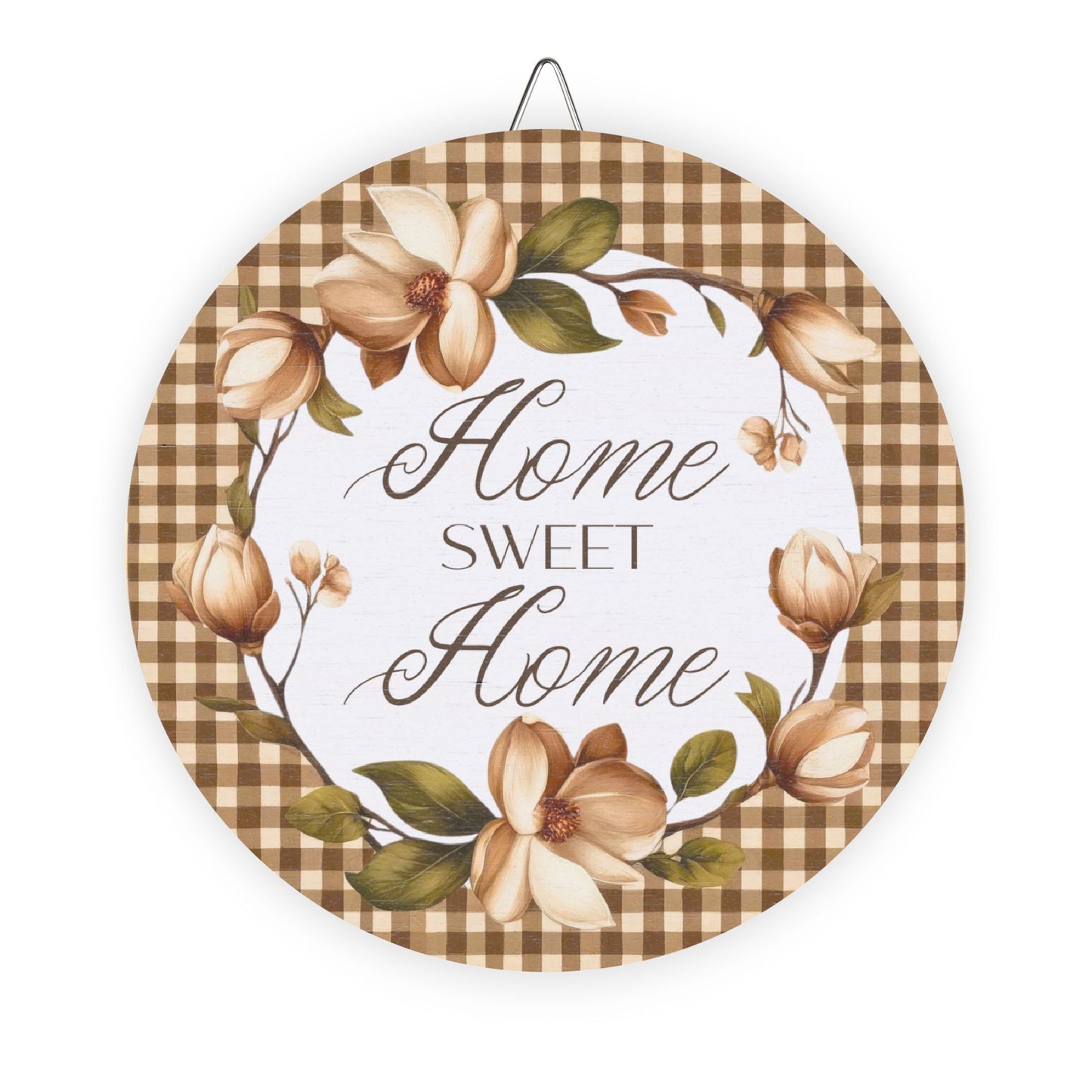 Wood Sign - "Home Sweet Home" Floral Gingham Round Wall Decor