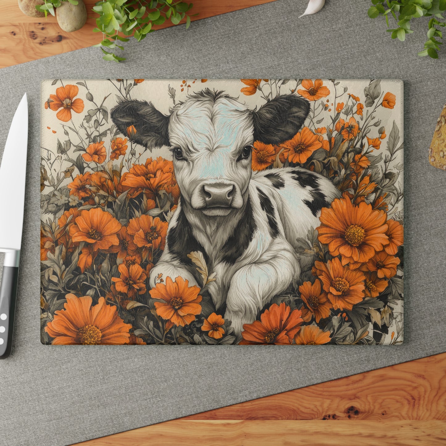 Cute Calf in Orange Wildflowers Glass Cutting Board — Decorative Chopping Board