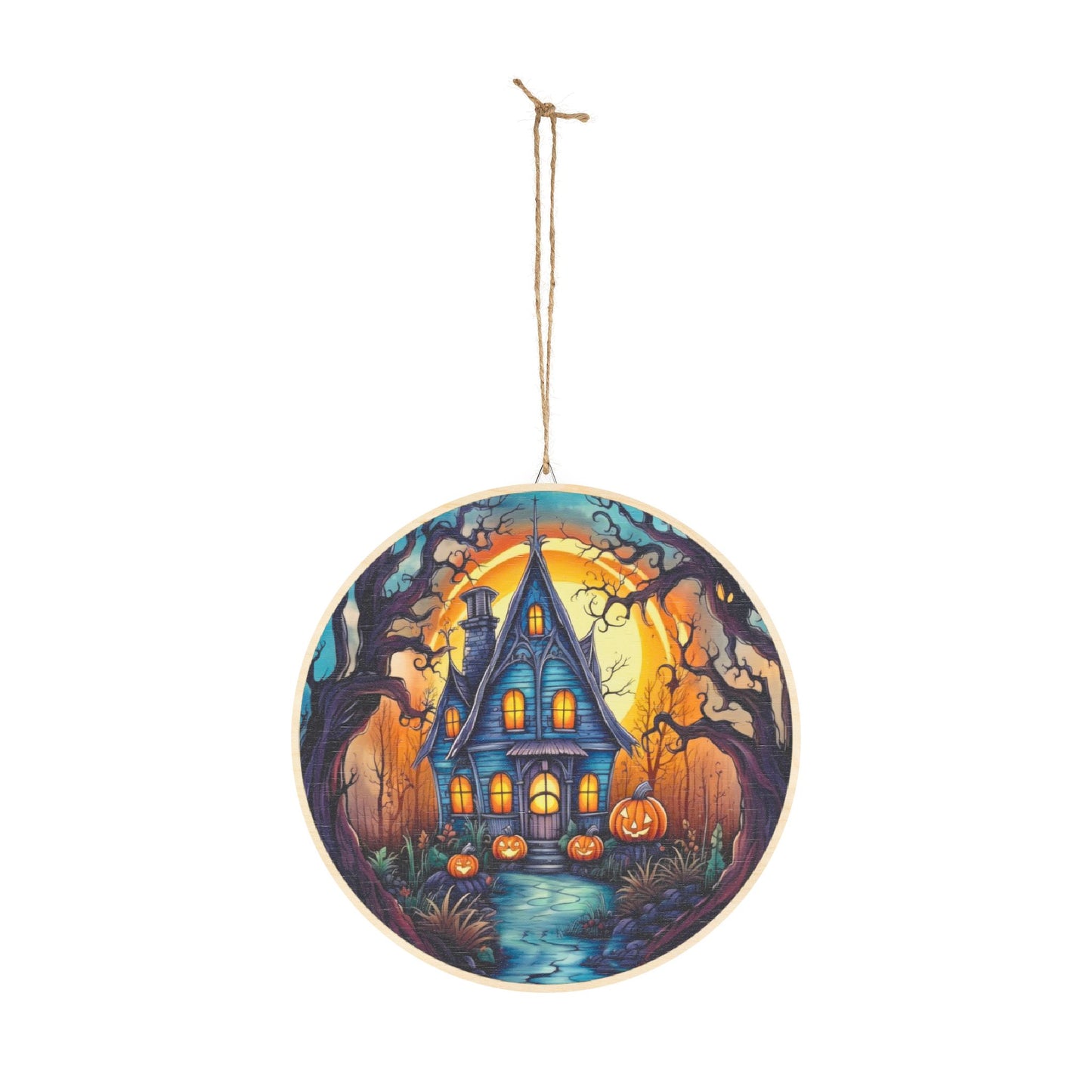 Halloween Haunted House Round Wood Sign — Spooky Pumpkin Porch Décor