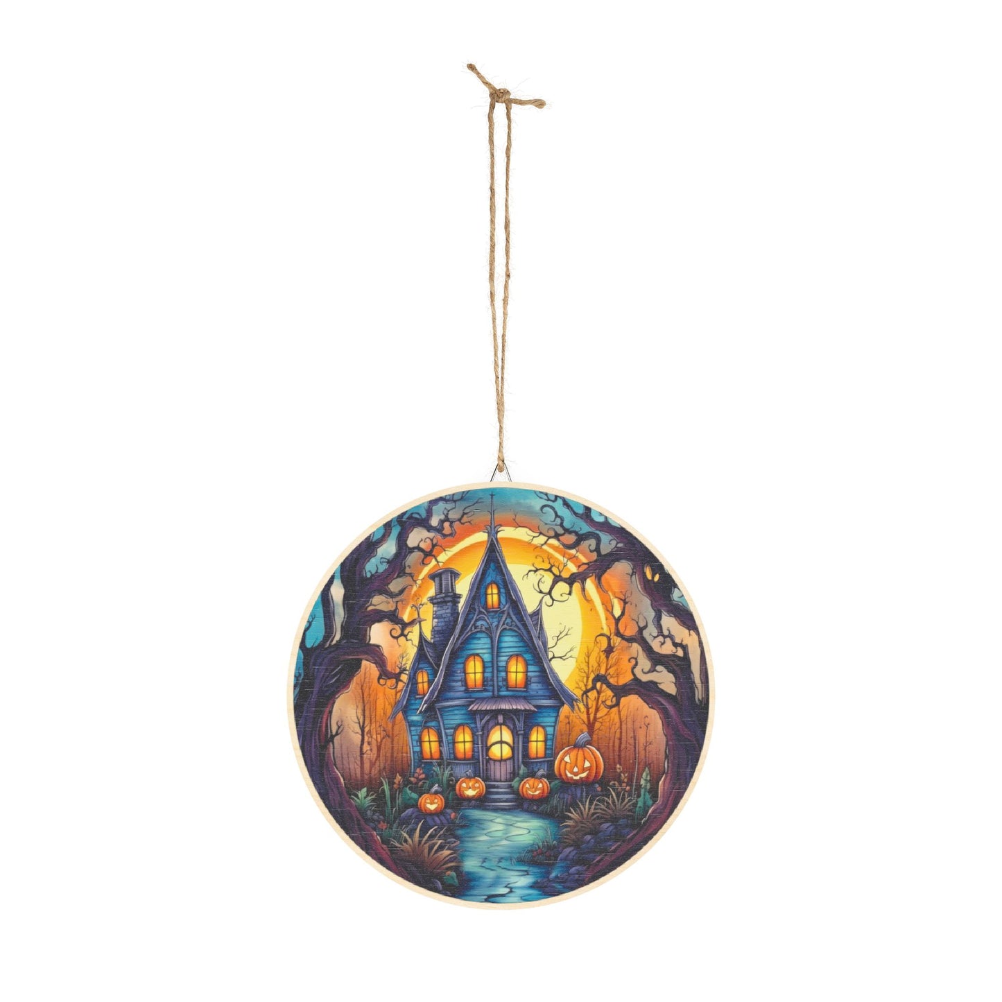 Halloween Haunted House Round Wood Sign — Spooky Pumpkin Porch Décor
