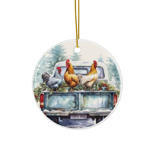Country Christmas Chickens Ceramic Ornaments, 2-Side Print, (1pc, 3pcs, 5pcs, 10pcs)