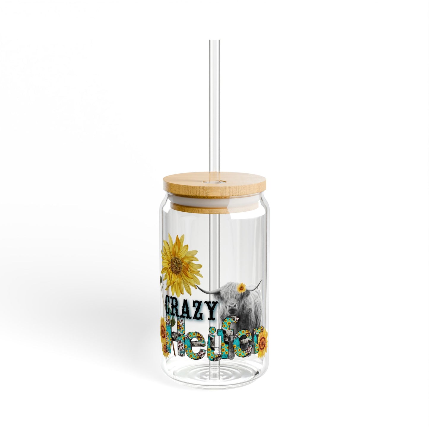"Crazy Healer" Sunflower Cow 16oz Reusable Tumbler Sipper Glass