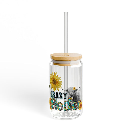 "Crazy Healer" Sunflower Cow 16oz Reusable Tumbler Sipper Glass