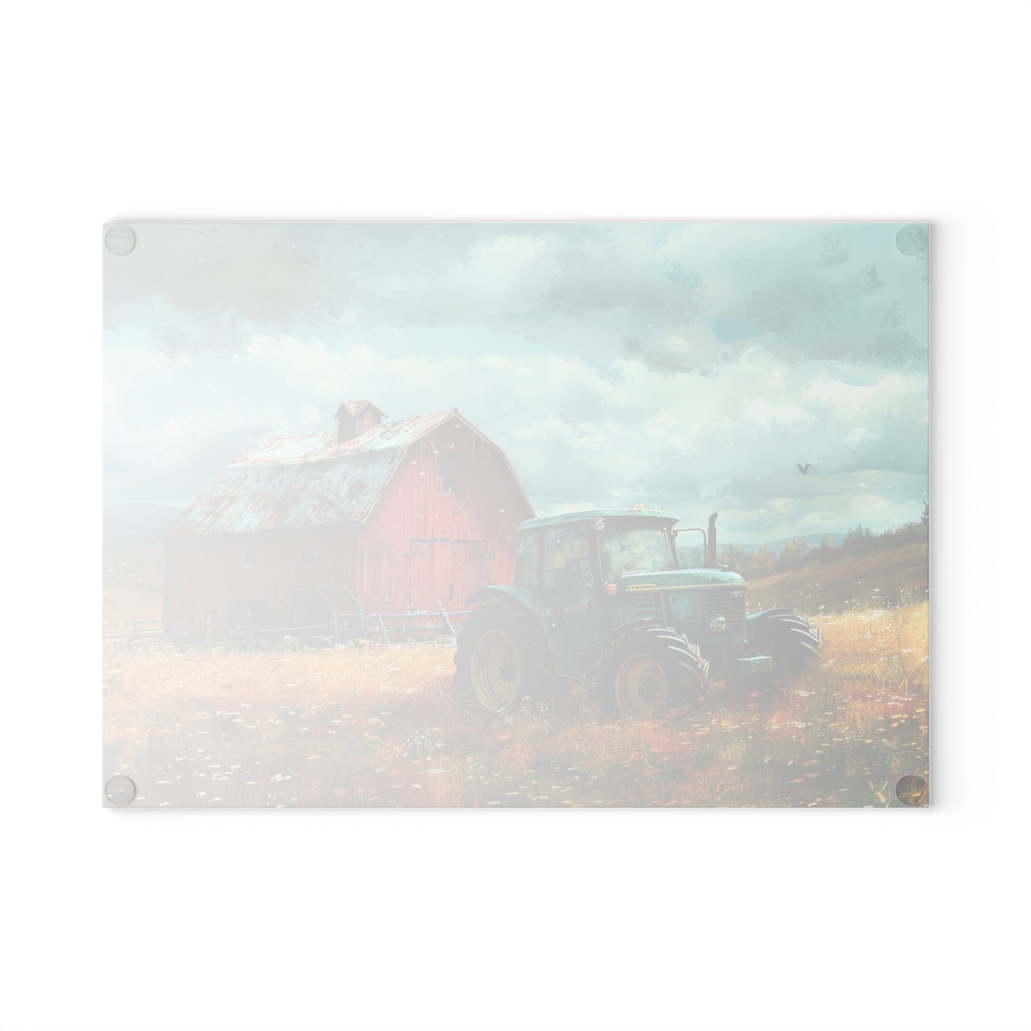 Vintage Tractor & Red Barn Glass Cutting Board — Kitchen Serving Board
