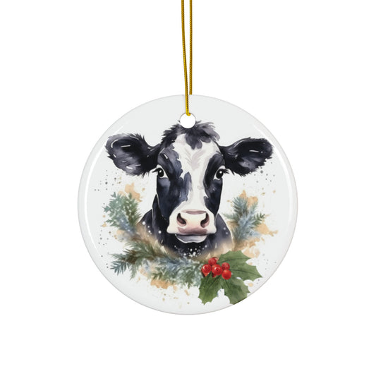 Farmhouse Cow Christmas Ceramic Ornaments - 2-Sided Design - Holiday Decor