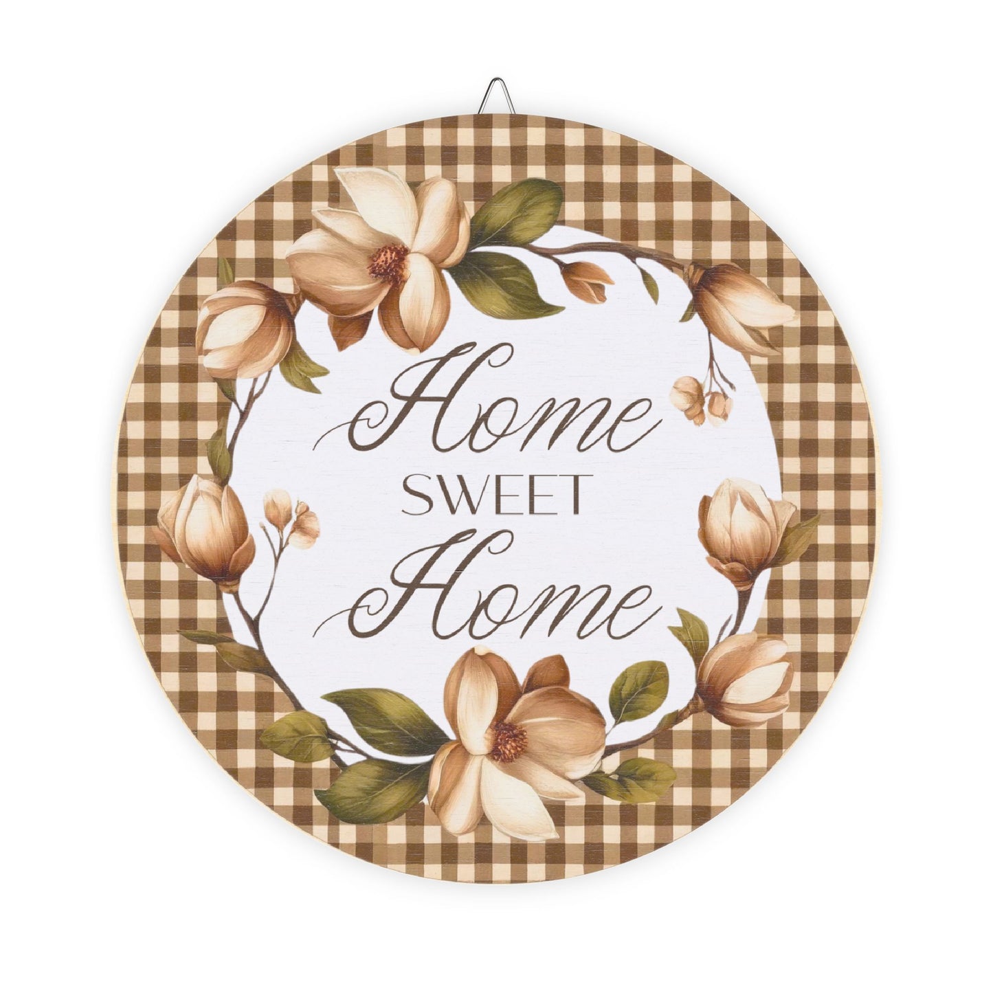 Wood Sign - "Home Sweet Home" Floral Gingham Round Wall Decor