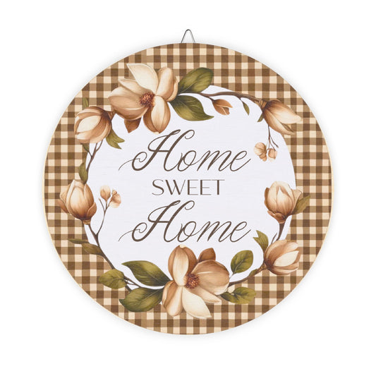 Wood Sign - "Home Sweet Home" Floral Gingham Round Wall Decor