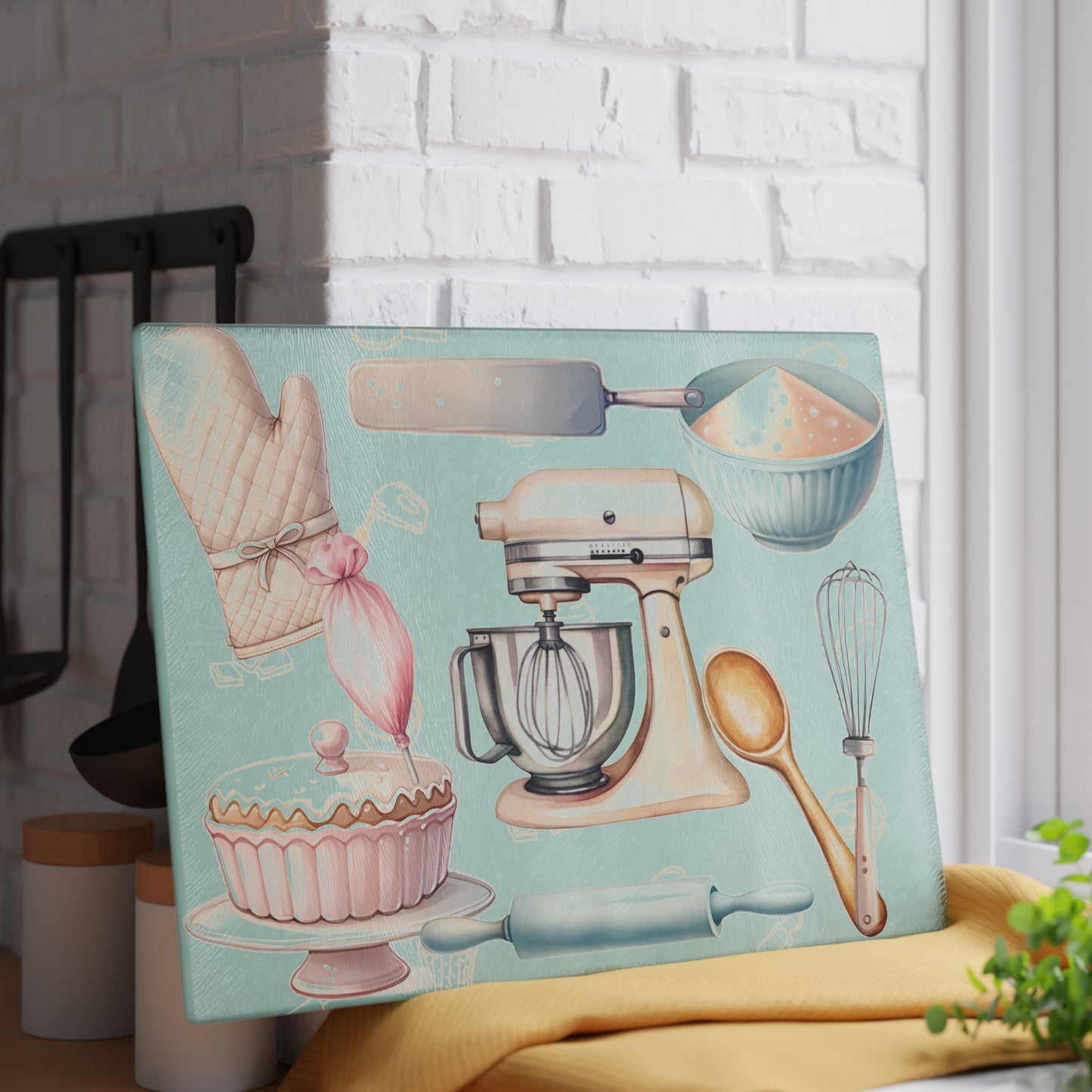 Pastel Baking Kitchen Glass Cutting Board — Mixer & Bakeware Design