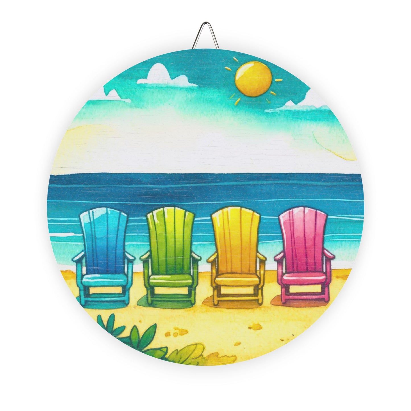 Beach Chairs Round Wood Sign - Colorful Coastal Wall Decor