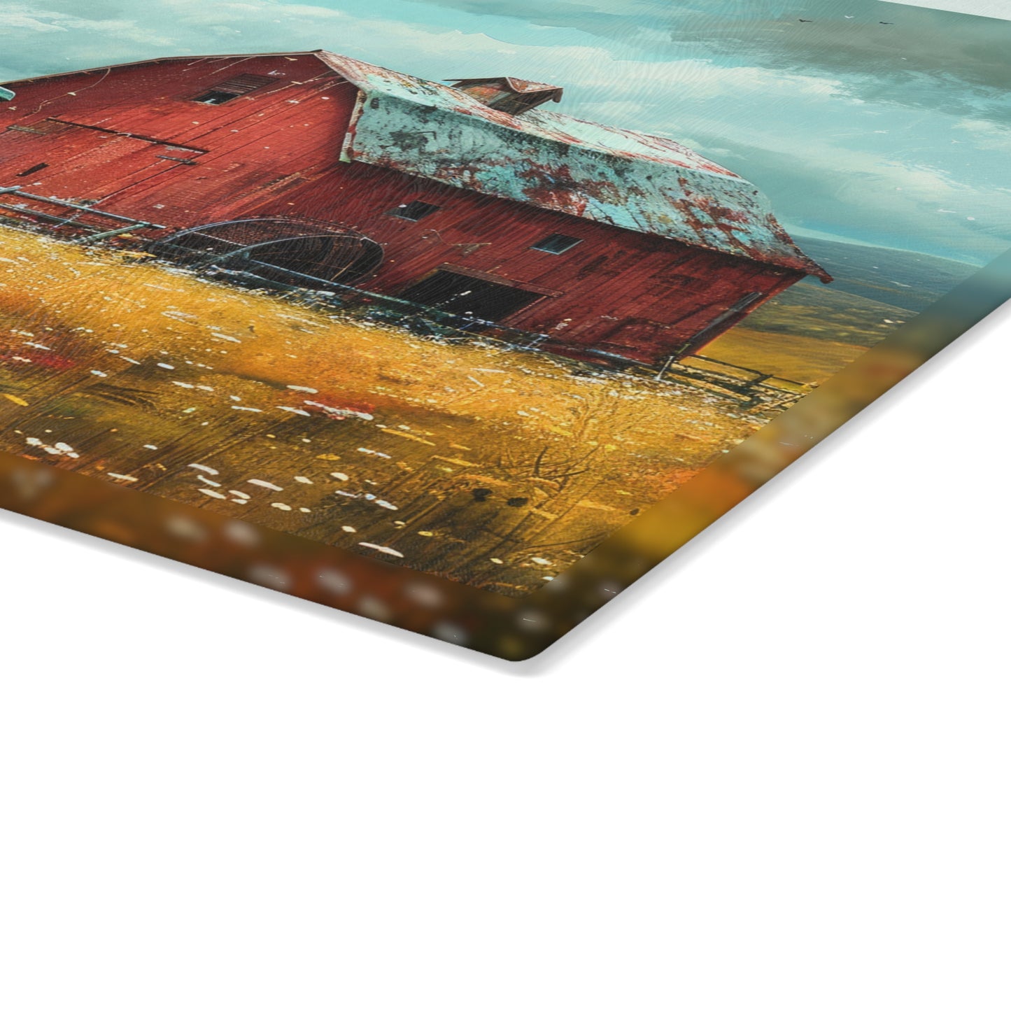 Vintage Tractor & Red Barn Glass Cutting Board — Kitchen Serving Board