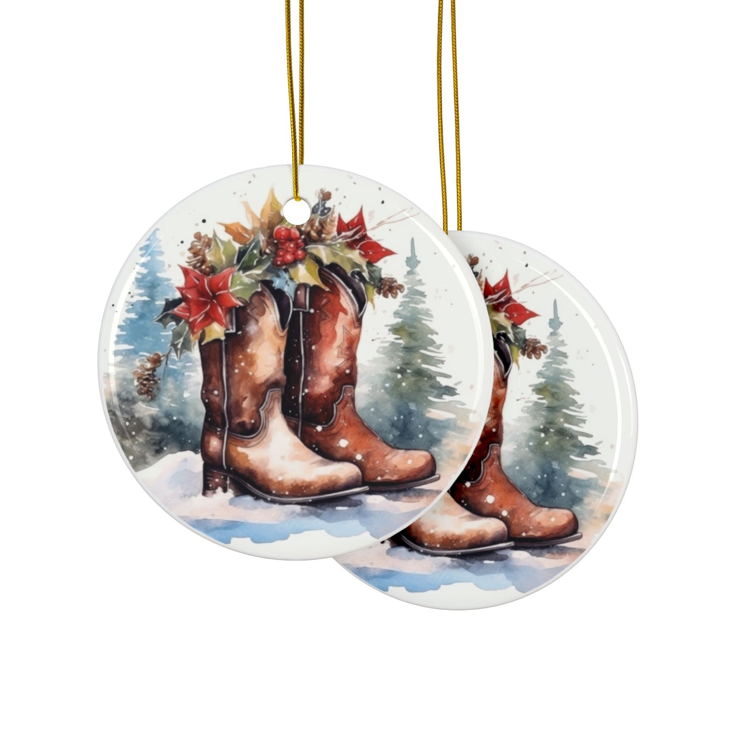 Rustic Cowboy Boots Christmas Holiday Ceramic Ornaments -  2-Sided Print