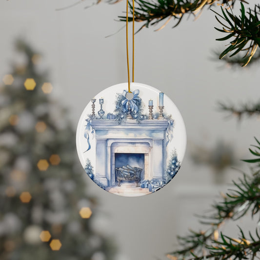 Blue Winter Fireplace Design Ceramic Christmas Ornaments - , 2-Sided Print, Perfect Holiday Decor