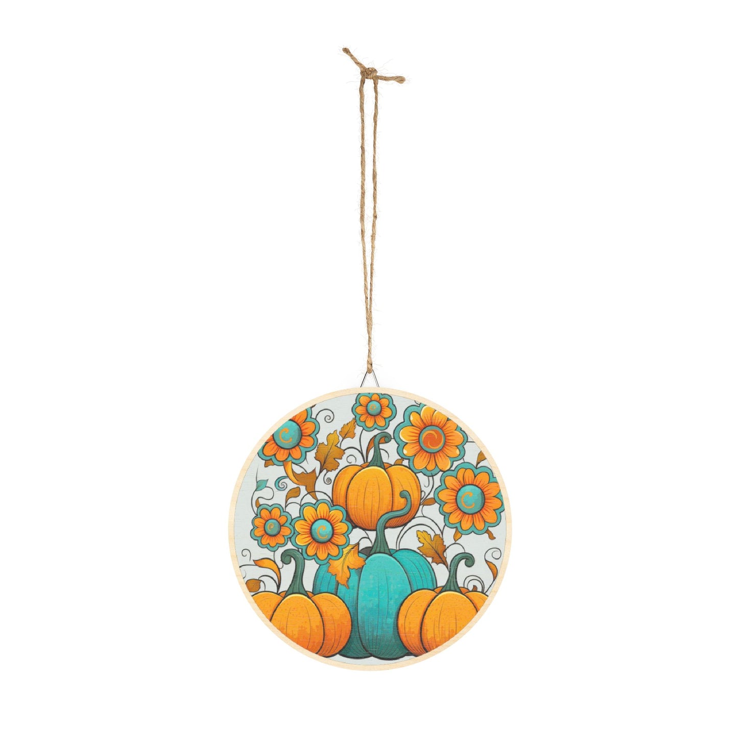 Round Autumn Pumpkin Wood Sign — Teal & Orange Fall Door Hanger