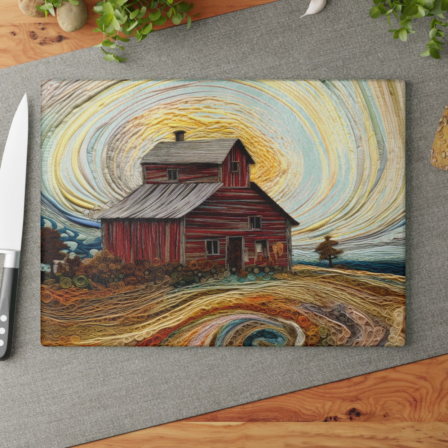 Barn Landscape Glass Cutting Board — Rustic Farmhouse Kitchen Art