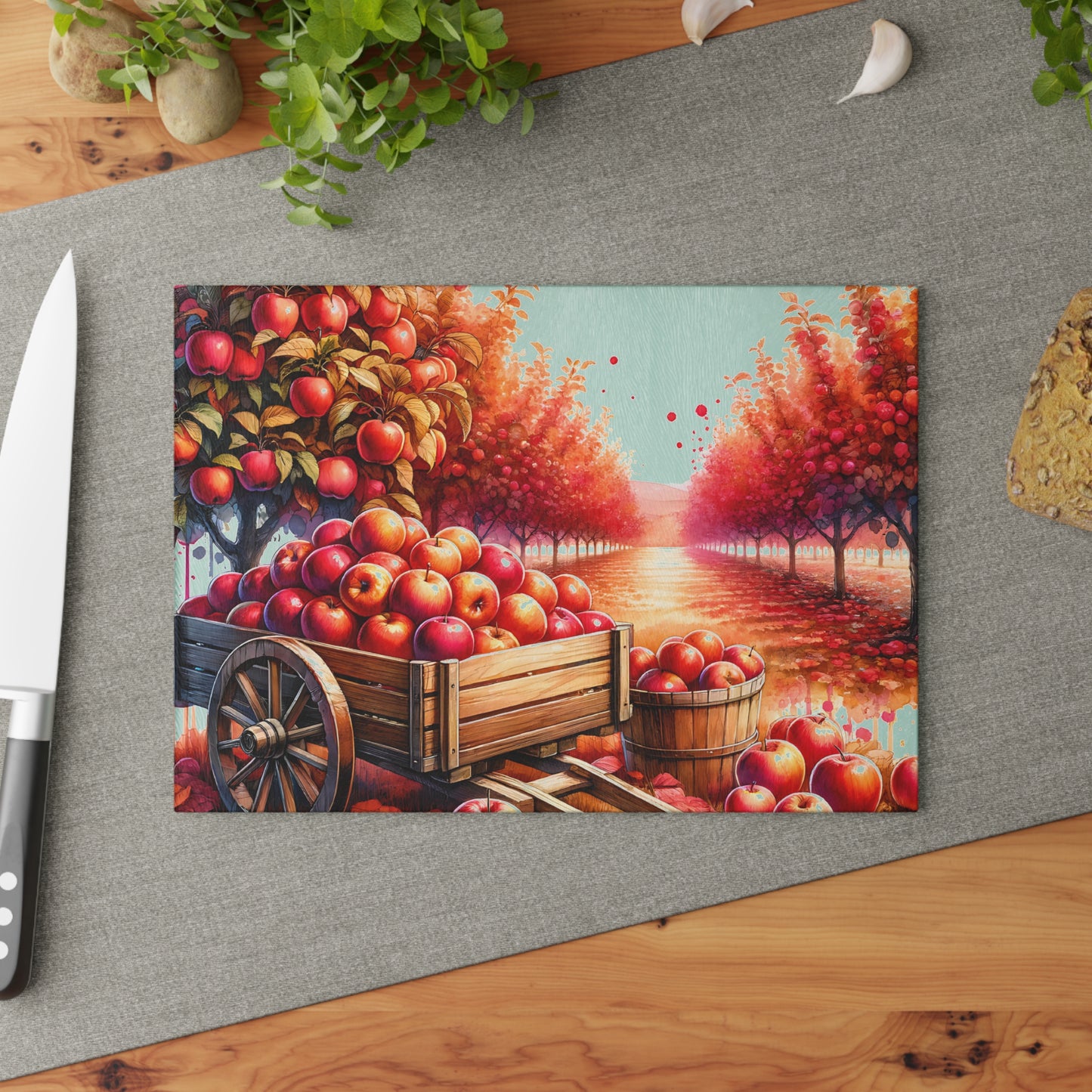 Autumn Apple Orchard Glass Cutting Board — Kitchen Decor