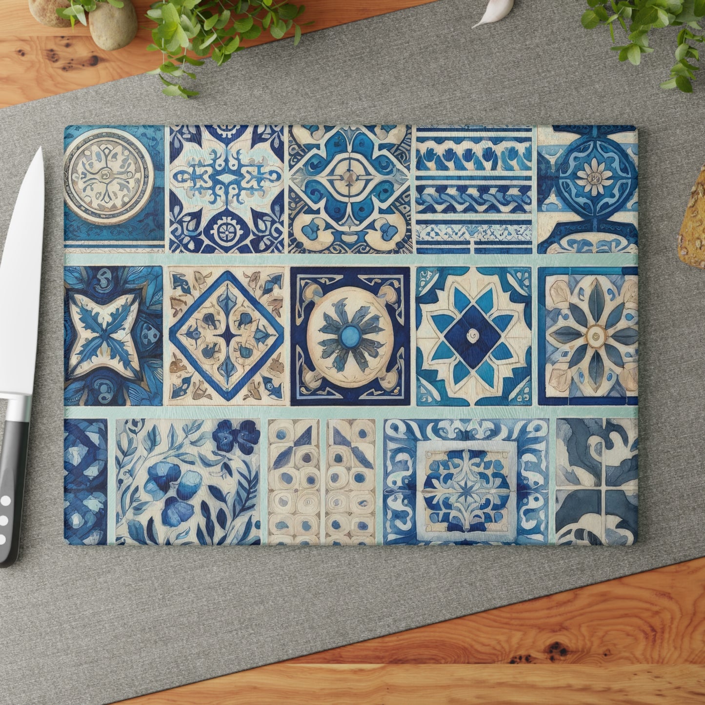 Blue Tile Pattern Glass Cutting Board — Mediterranean Mosaic Kitchen Board