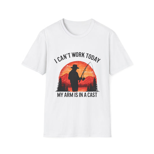Fishing T-Shirt — "I Can't Work Today, My Arm Is in a Cast" Vintage Sunset Gift