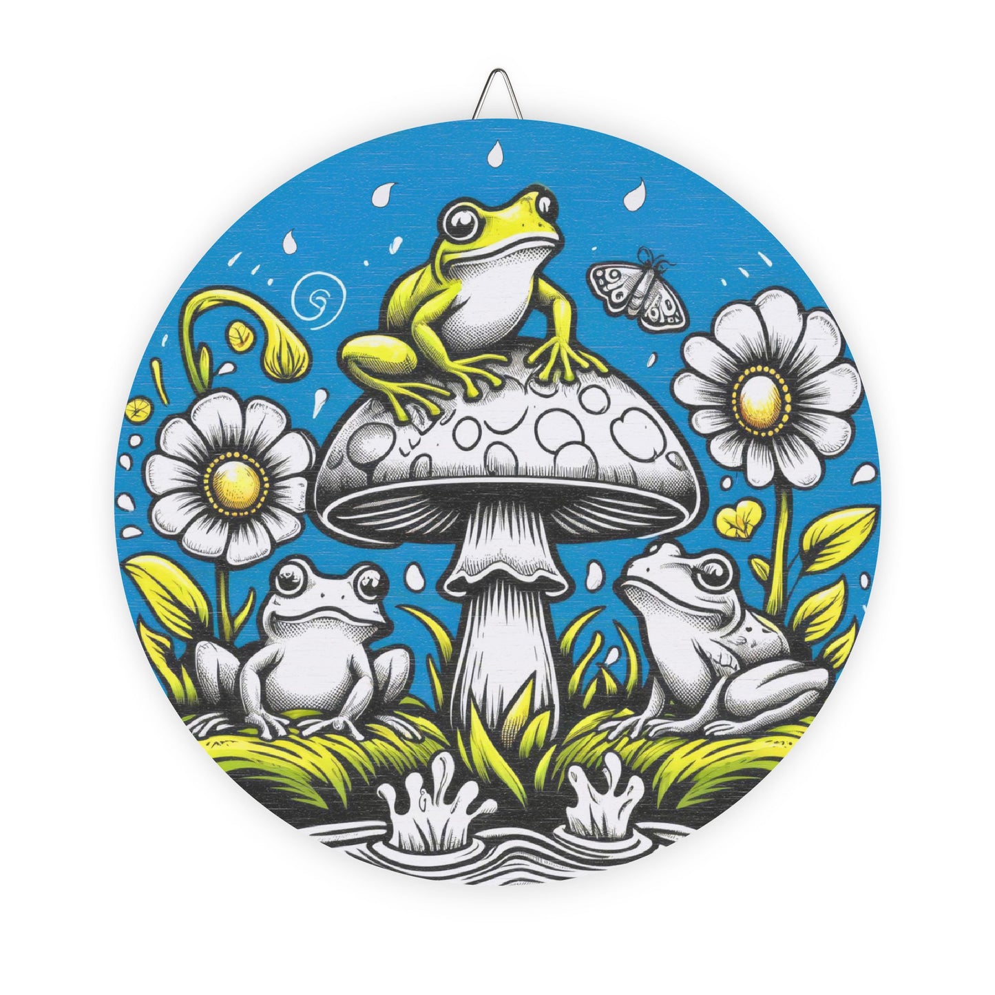 Frog Mushroom Round Wood Sign — Whimsical Garden Wall Art
