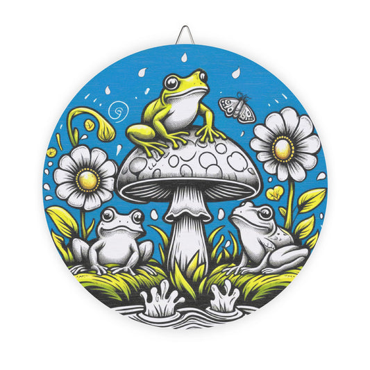 Frog Mushroom Round Wood Sign — Whimsical Garden Wall Art