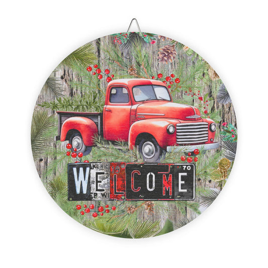 Welcome Red Truck Round Wood Sign — Rustic Farmhouse Décor for Porch, Entryway & Holiday (Welcome Text)