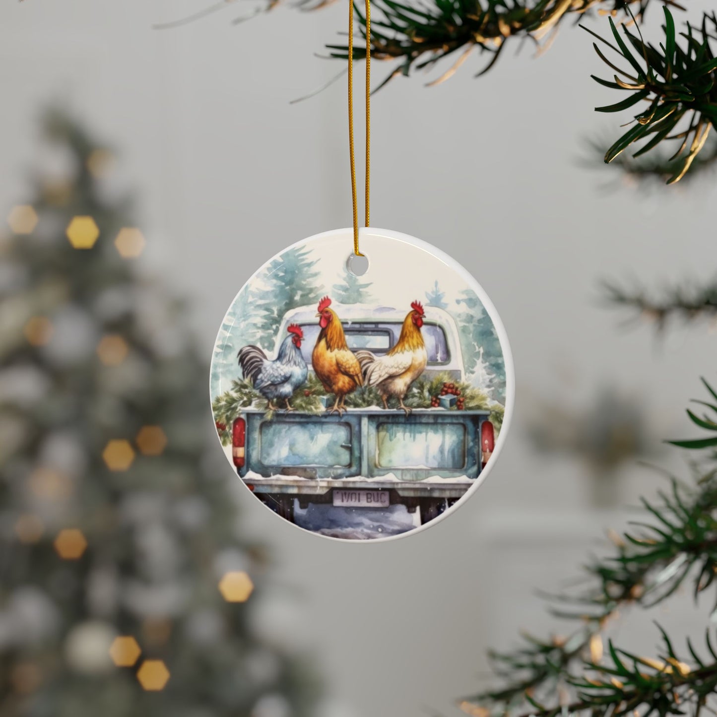 Country Christmas Chickens Ceramic Ornaments, 2-Side Print, (1pc, 3pcs, 5pcs, 10pcs)