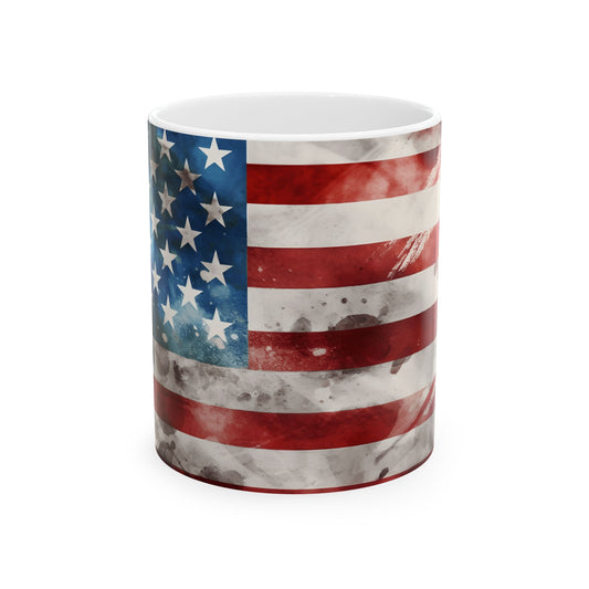 American Flag Ceramic Mug — Vintage Distressed USA Patriotic Coffee Cup (11oz, 15oz)