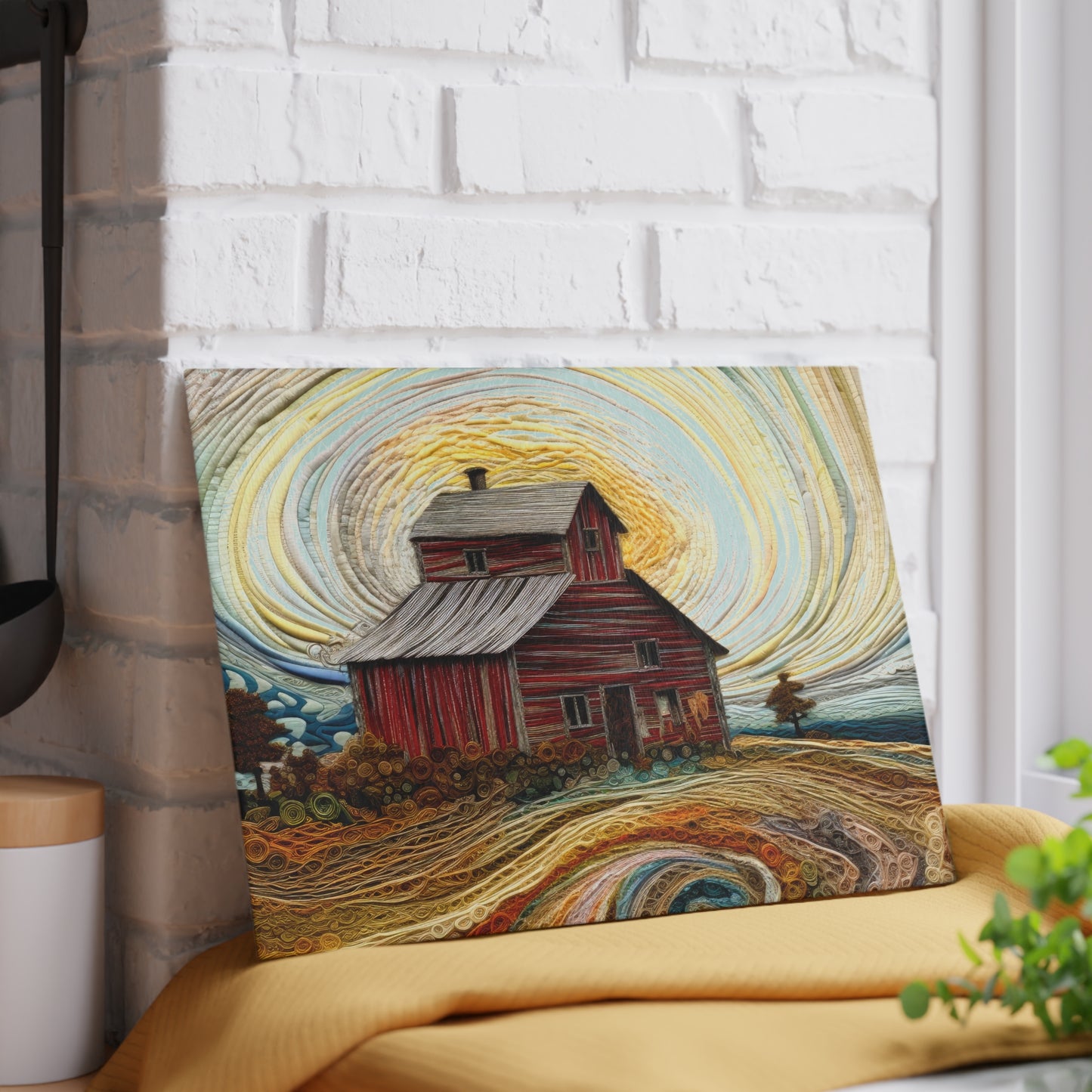 Barn Landscape Glass Cutting Board — Rustic Farmhouse Kitchen Art