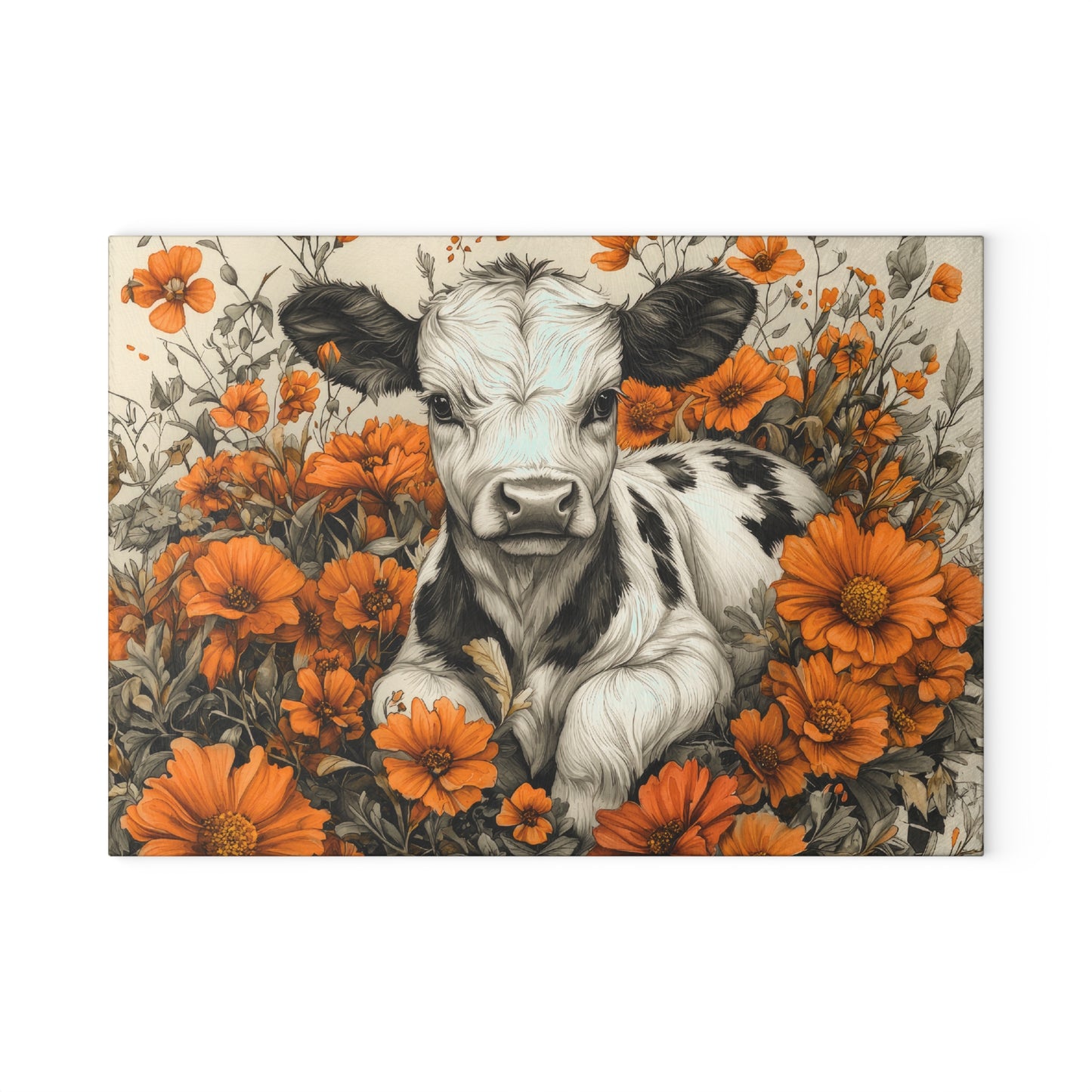 Cute Calf in Orange Wildflowers Glass Cutting Board — Decorative Chopping Board