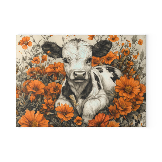 Cute Calf in Orange Wildflowers Glass Cutting Board — Decorative Chopping Board