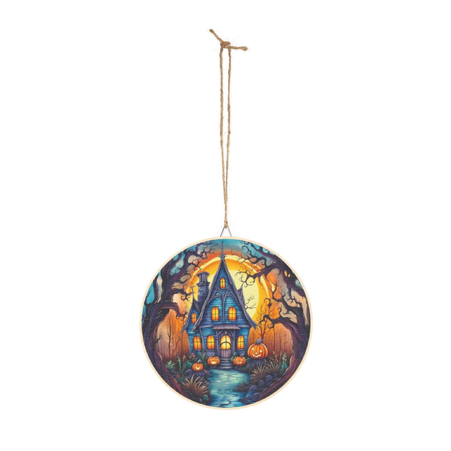 Halloween Haunted House Round Wood Sign — Spooky Pumpkin Porch Décor