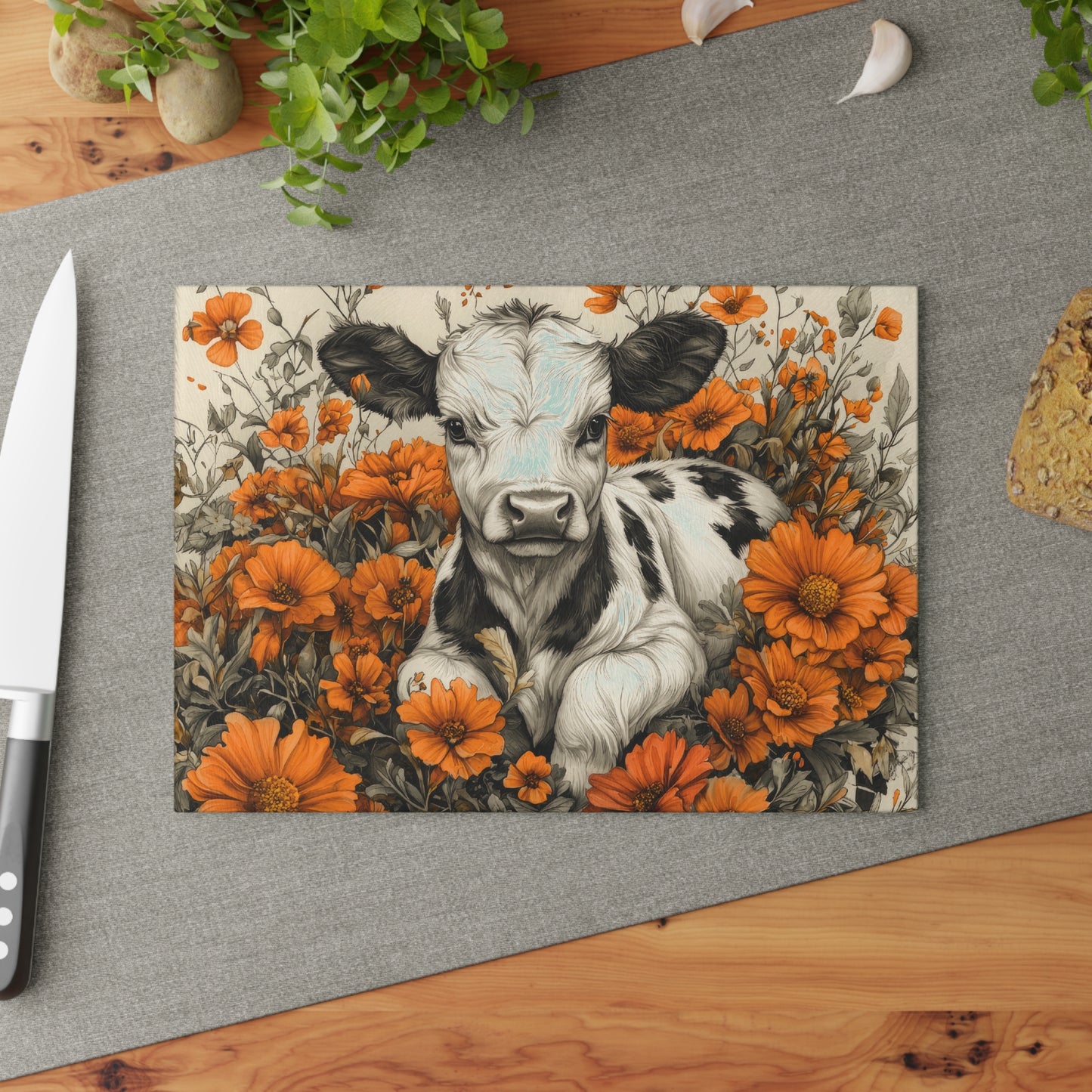 Cute Calf in Orange Wildflowers Glass Cutting Board — Decorative Chopping Board