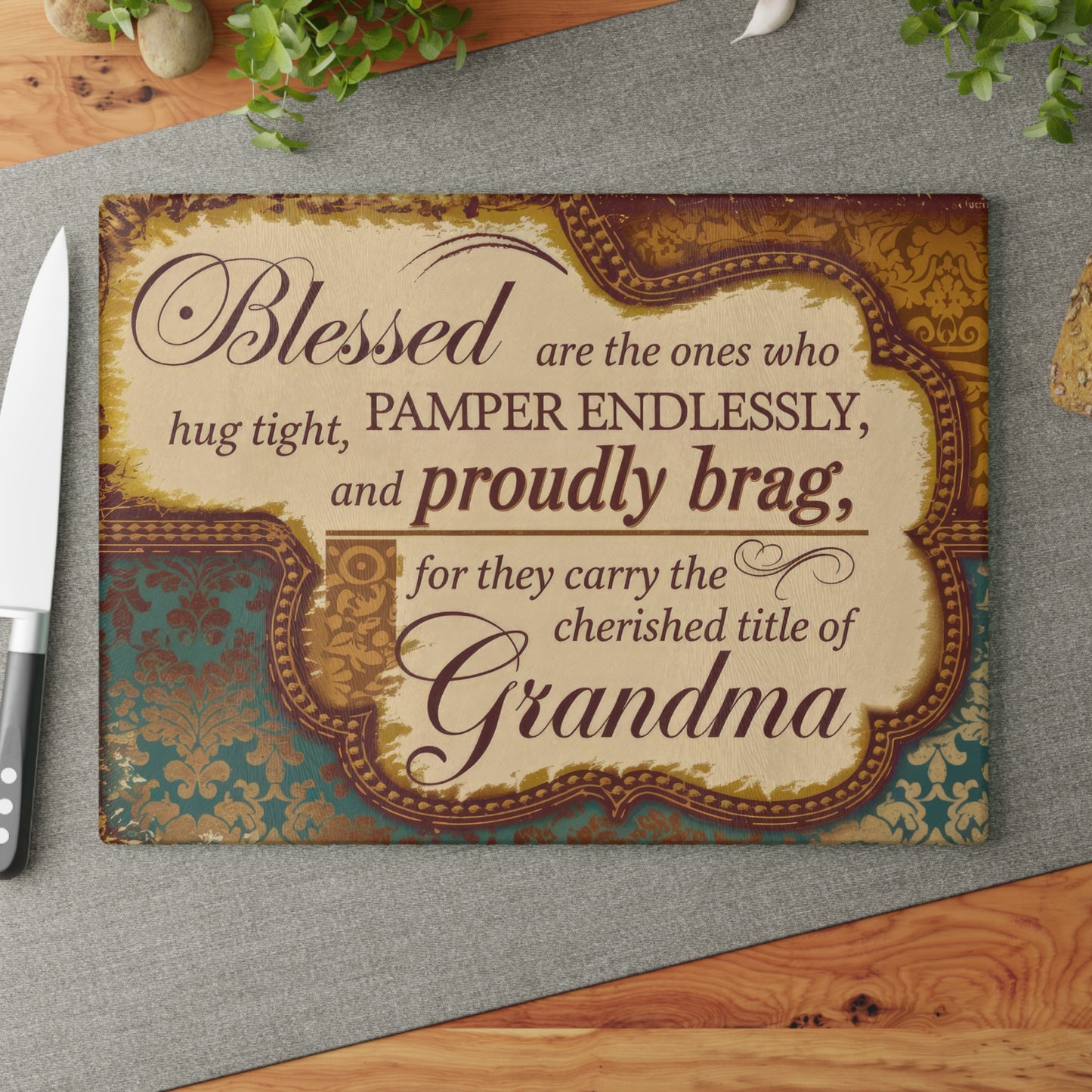 Grandma Decorative Glass Cutting Board – "Blessed...cherished title of Grandma" Kitchen Gift