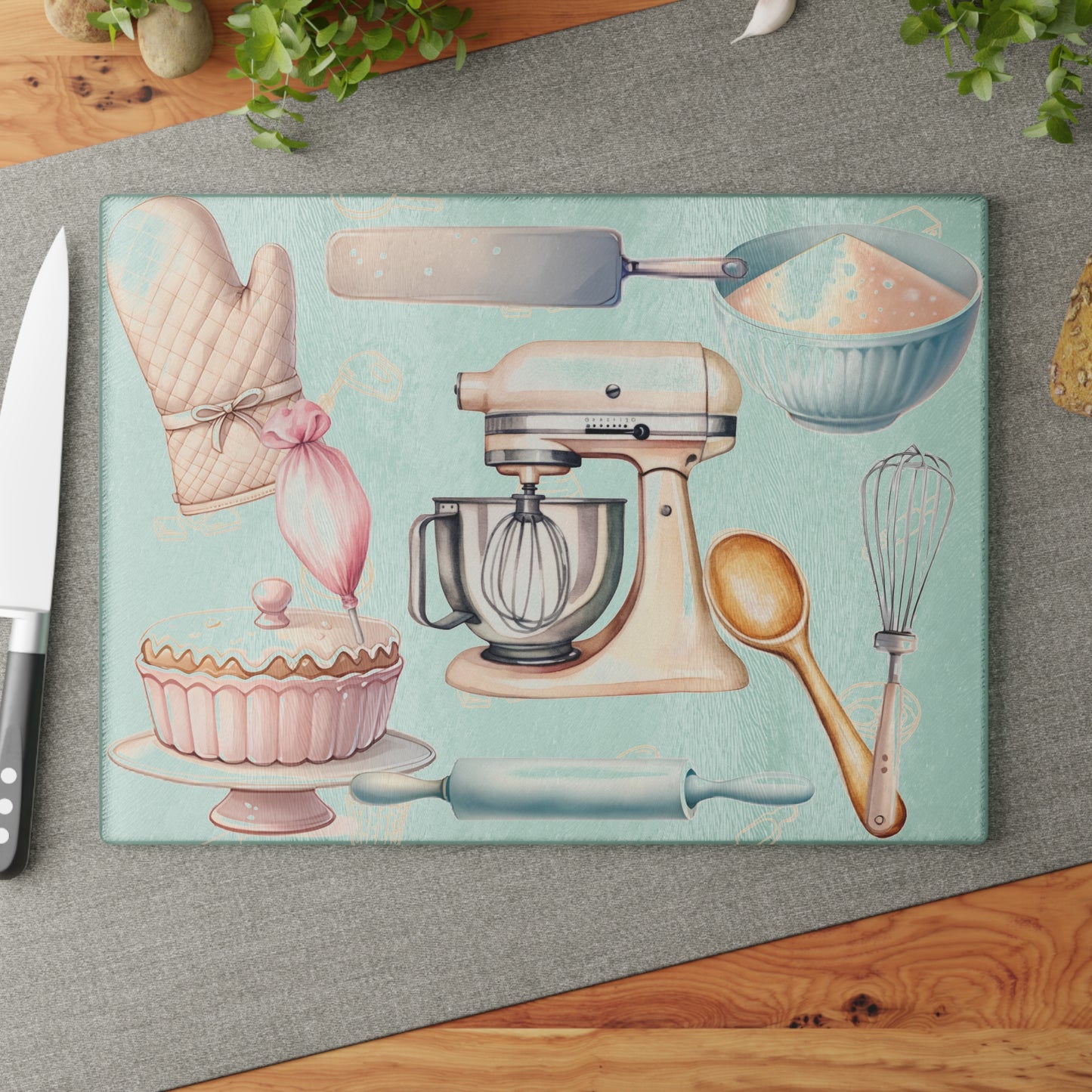 Pastel Baking Kitchen Glass Cutting Board — Mixer & Bakeware Design