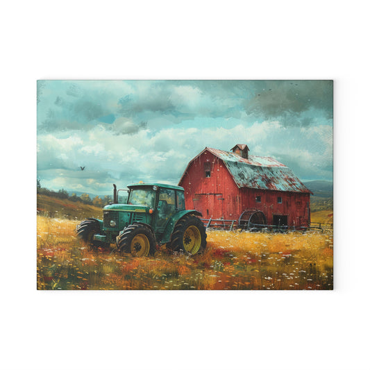 Vintage Tractor & Red Barn Glass Cutting Board — Kitchen Serving Board