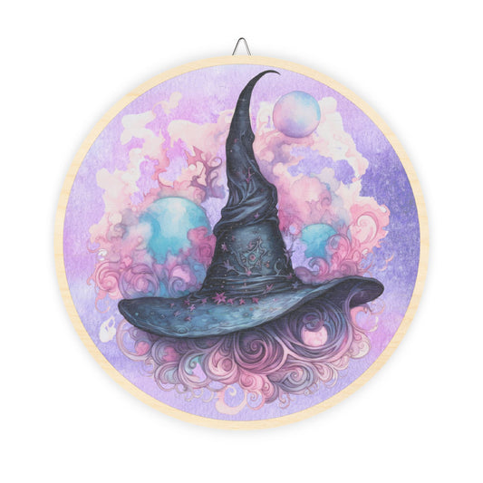 Witch Hat Wood Sign — Mystical Pastel Round Wall Decor