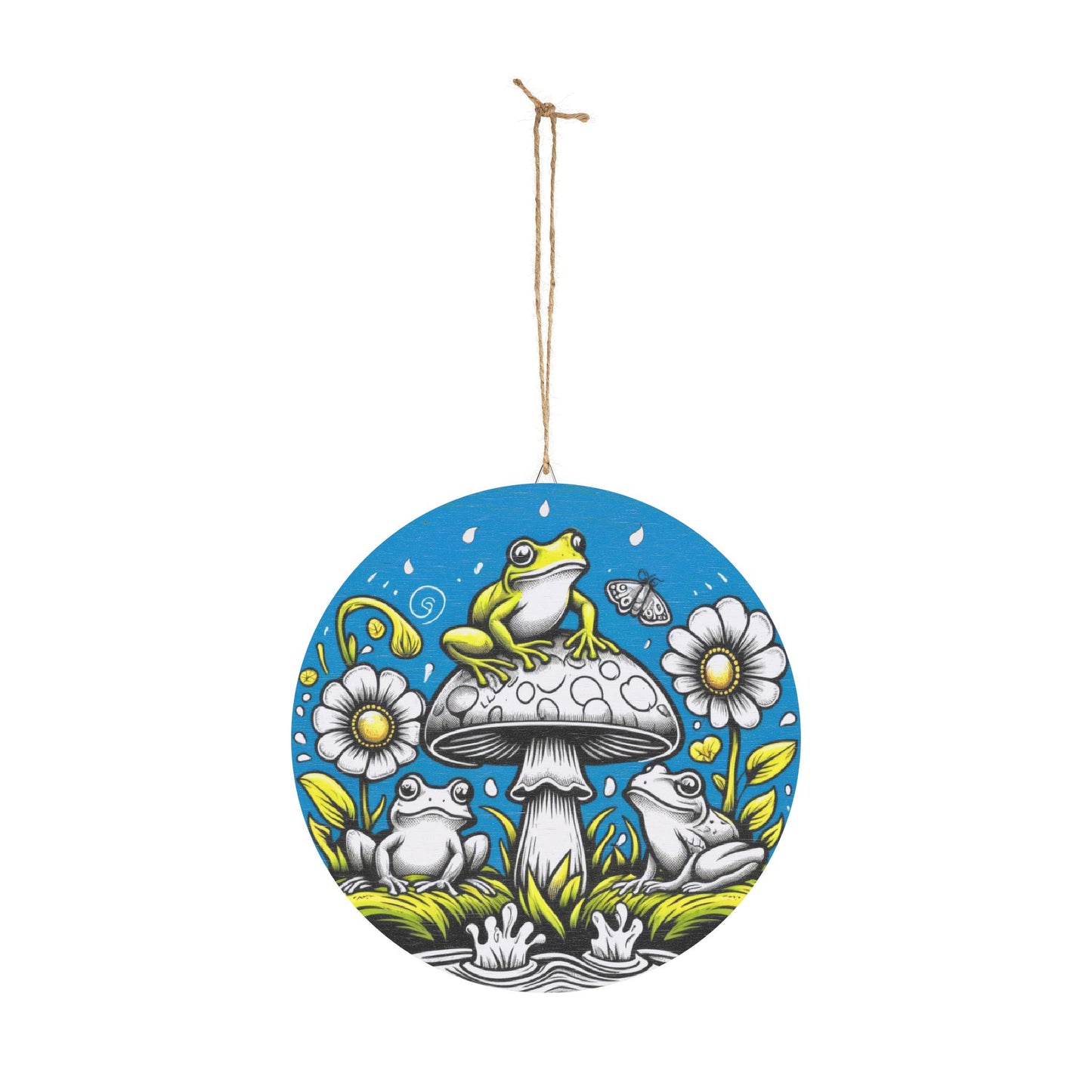 Frog Mushroom Round Wood Sign — Whimsical Garden Wall Art