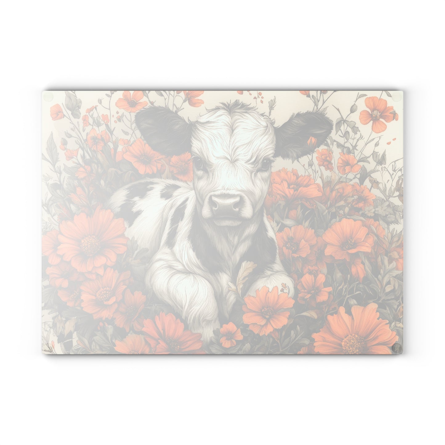 Cute Calf in Orange Wildflowers Glass Cutting Board — Decorative Chopping Board