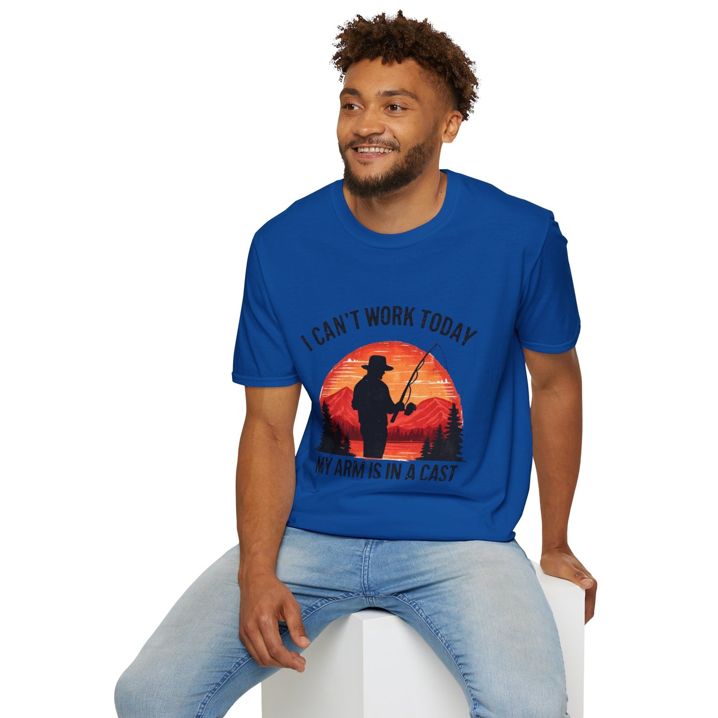 Fishing T-Shirt — "I Can't Work Today, My Arm Is in a Cast" Vintage Sunset Gift