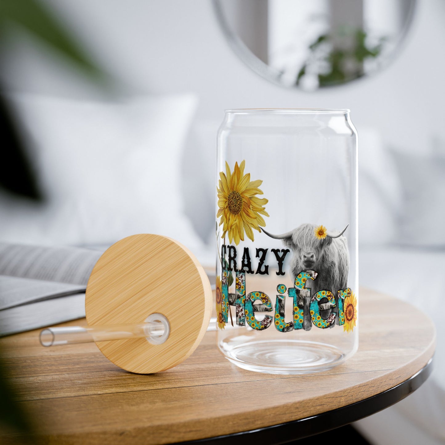 "Crazy Healer" Sunflower Cow 16oz Reusable Tumbler Sipper Glass